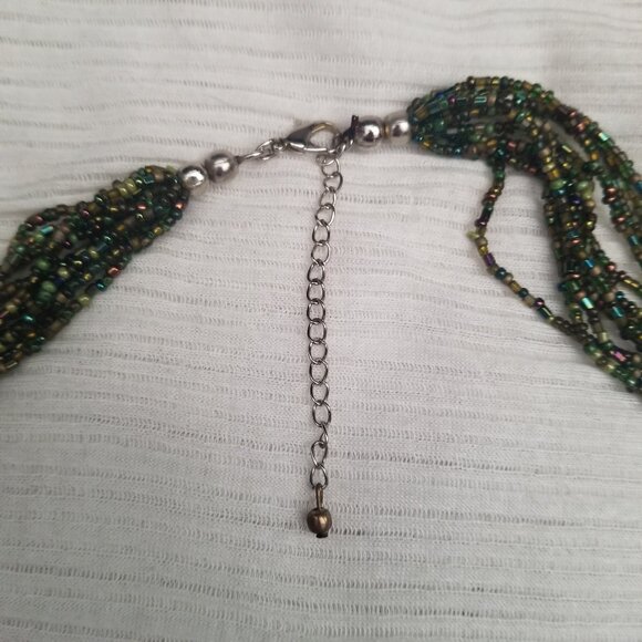 Multi-Strand Seed Bead Necklace with Heart Pendant Green Brown Blue - Picture 6 of 6